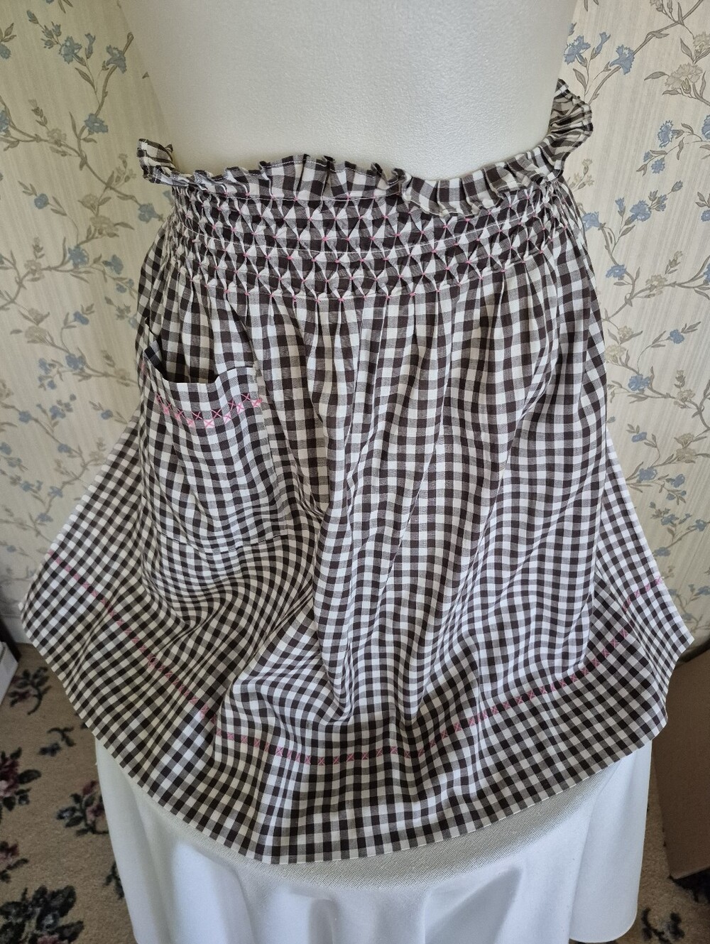 Gingham Smocked Waist Kitchen Apron in Brown and White With Pink Stitch